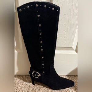 Splendid Black Over-the-Knee Suede Boots with Stud and Buckle Detail